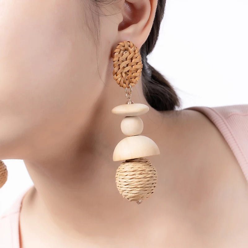 TEEK - Korea Handmade Wooden Straw Dangle Earrings JEWELRY theteekdotcom WB220703051G163