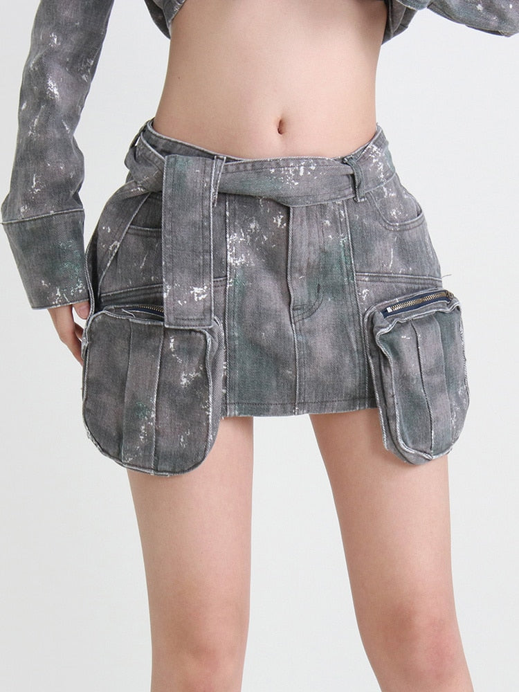 TEEK - Camouflage Denim Drop Pocket Belted Skirt SKIRT theteekdotcom
