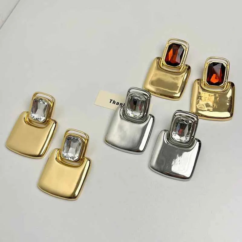 TEEK - Vintage Metal Geometric Square Crystal Earrings JEWELRY theteekdotcom