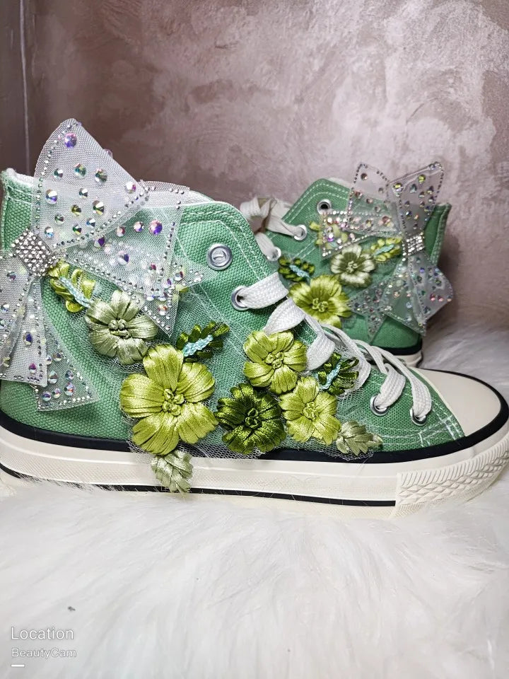 TEEK - High-Top Canvas Green Bow Embroidery Sneakers SHOES theteekdotcom