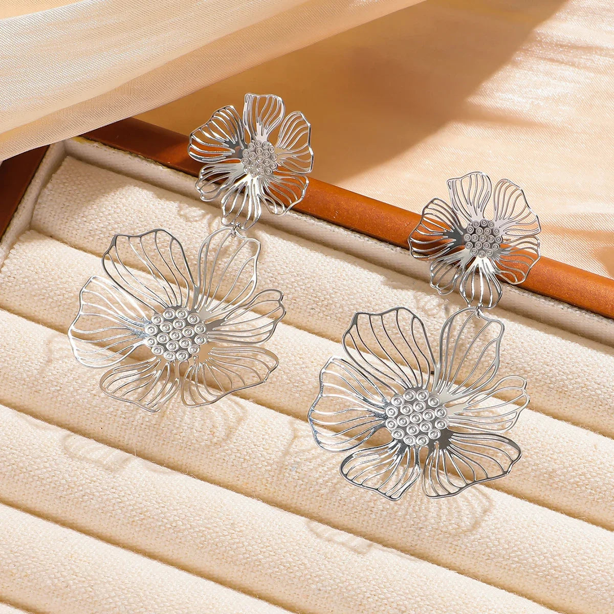 TEEK - Romantic Flower Petal Long Tassel Drop Earrings JEWELRY theteekdotcom Silver