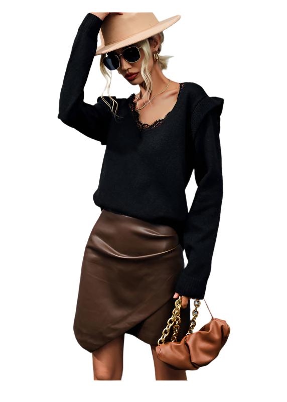 TEEK - Lace Panel Long Sleeve Black Sweater TOPS TEEK K S