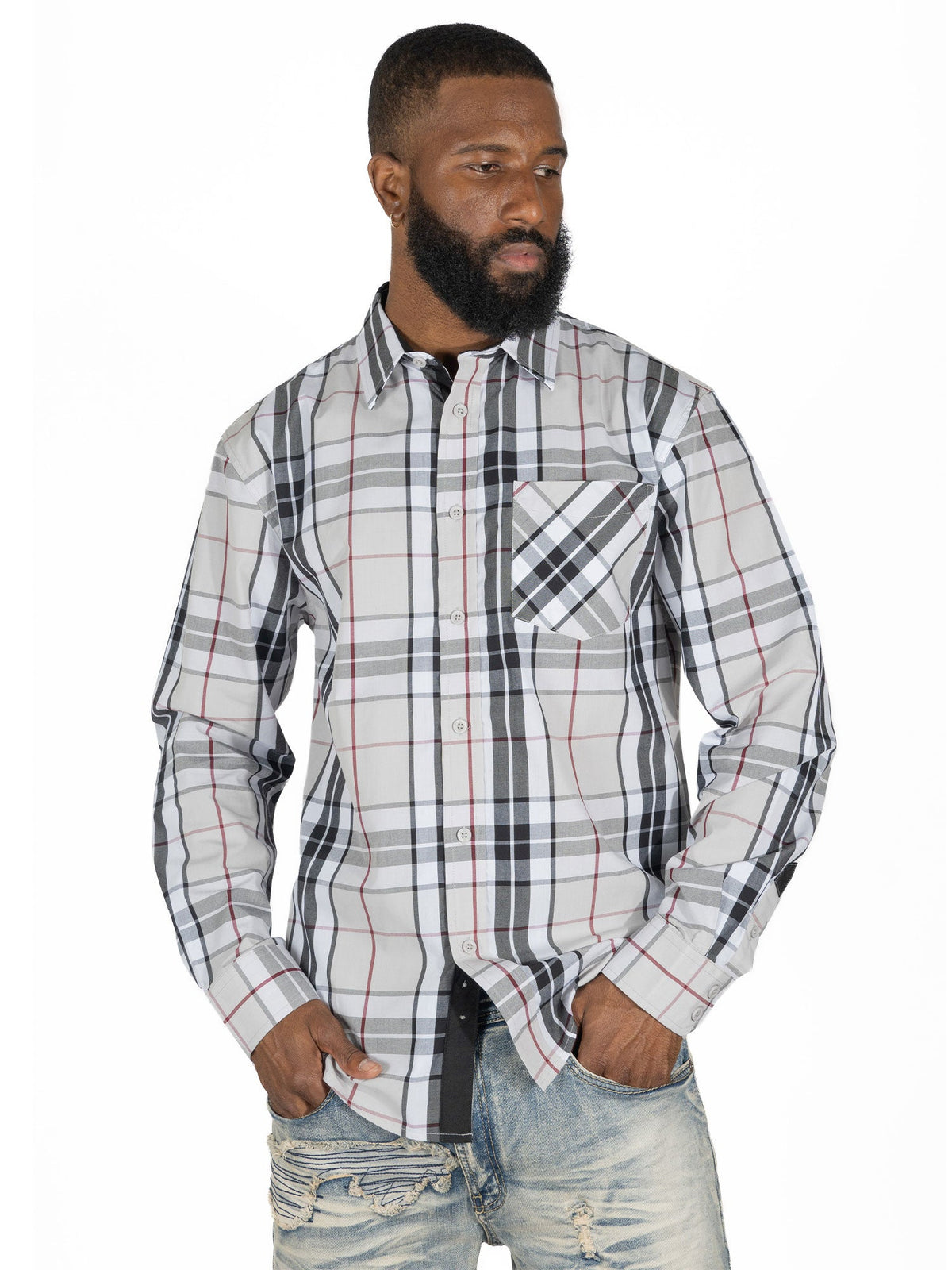 TEEK - V1826 Brandon Long sleeves Plaid Shirt - Gray TOPS TEEK MJ