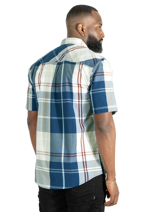 V832 Leon Plaid Shirt - Navy Button Down Makobi Jeans USA