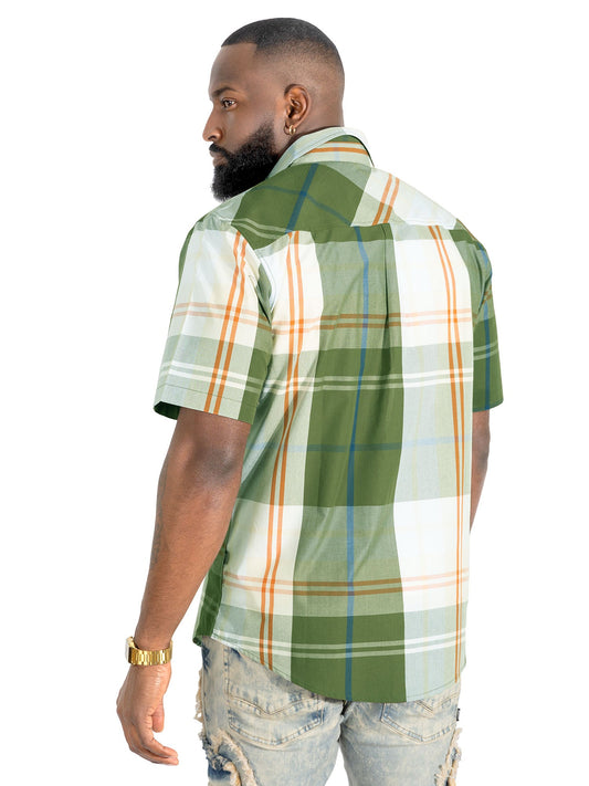 V832 Leon Plaid Shirt - Olive Button Down Makobi Jeans USA