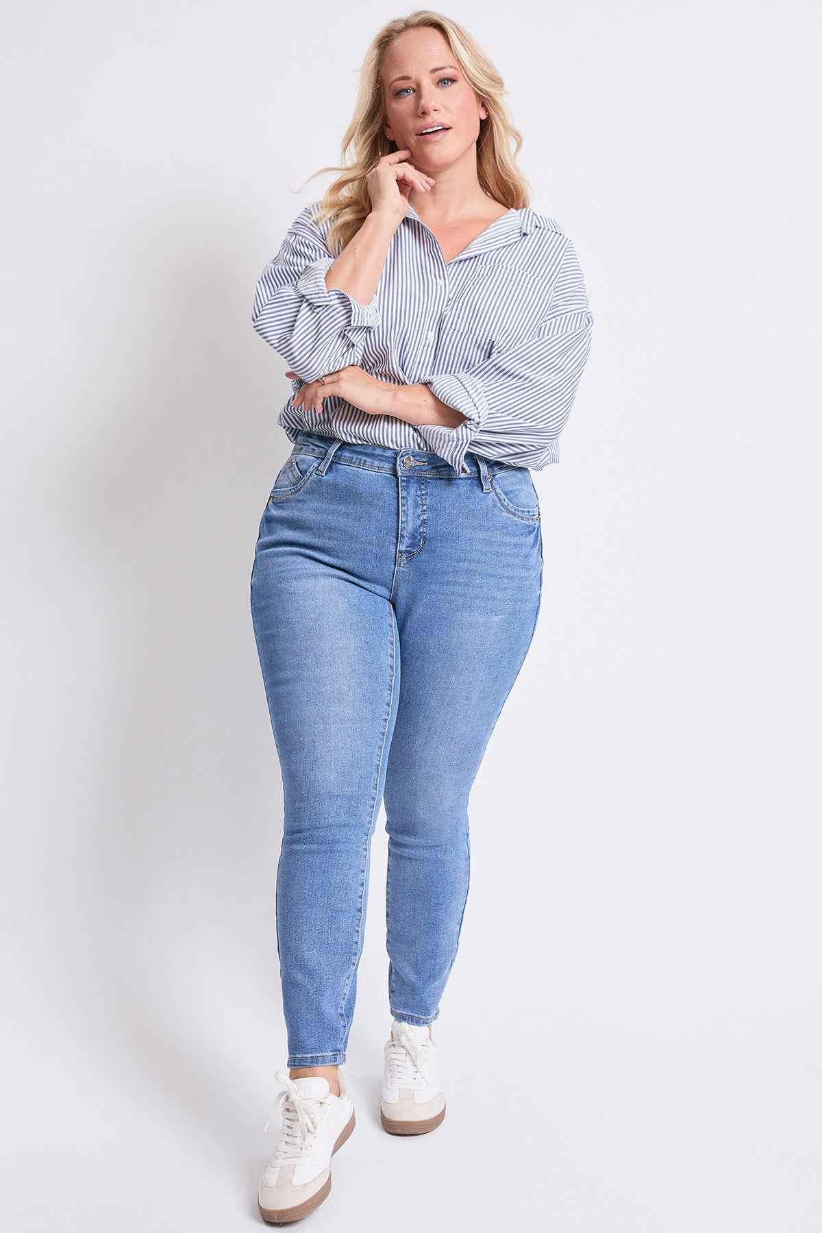 TEEK - Womens Plus High Rise Curve Confidence WannaBettaButt Skinny Jeans JEANS YMI JEANS M Medium Blue 14W