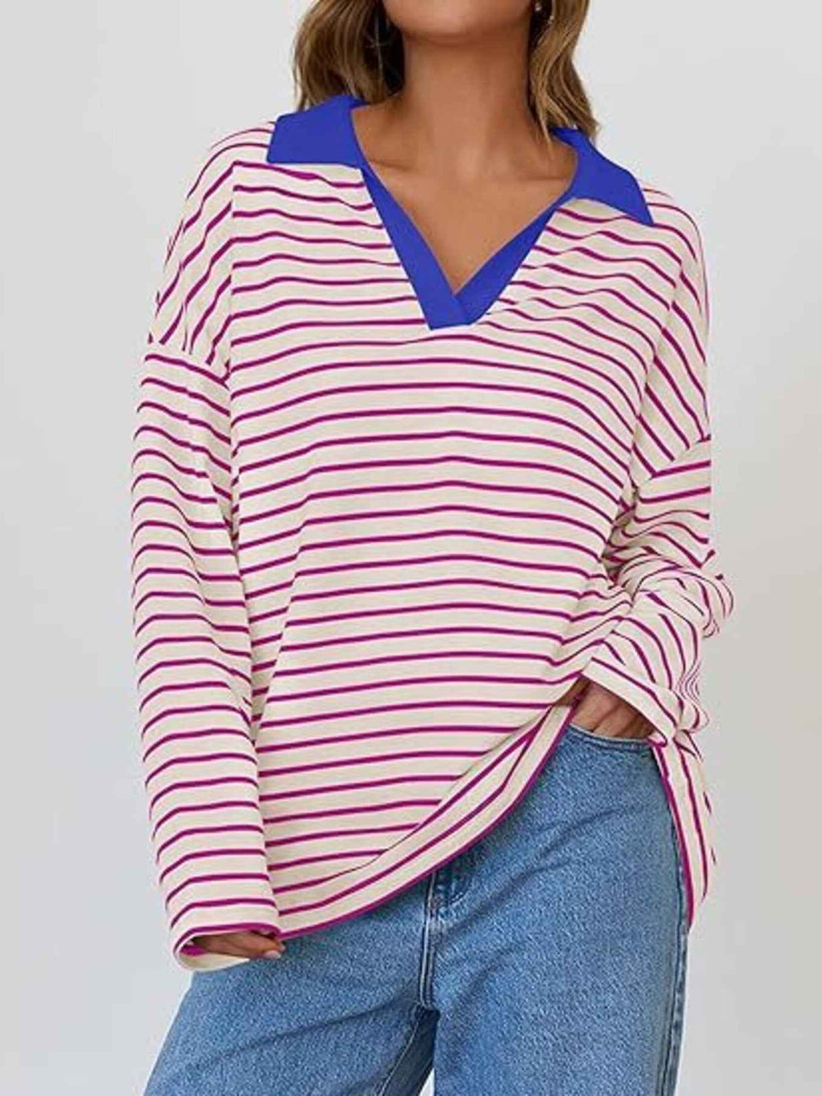 TEEK - Striped Contrast Collar Long Sleeve Top TOPS TEEK Trend Rose Red S