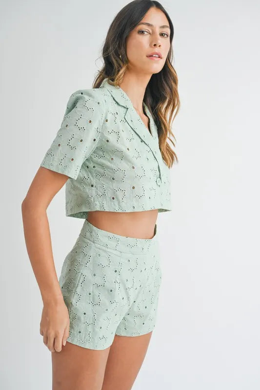 TEEK - Mint Eyelet Short Sleeve Crop Top Shorts Set SET TEEK Trend