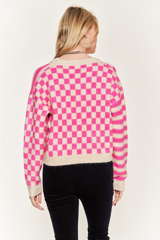 TEEK - Contrast Checkered Stripe Sweater Cardigan SWEATER TEEK FG   