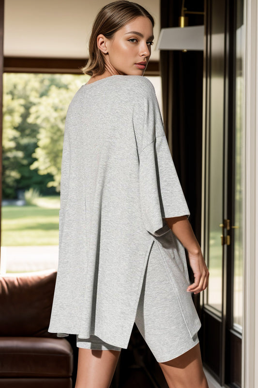 TEEK - Grey Slit Round Neck Top and Shorts Set SET TEEK Trend