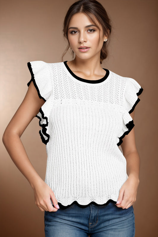 TEEK - Ruffled Round Neck Cap Sleeve Knit Top TOPS TEEK Trend