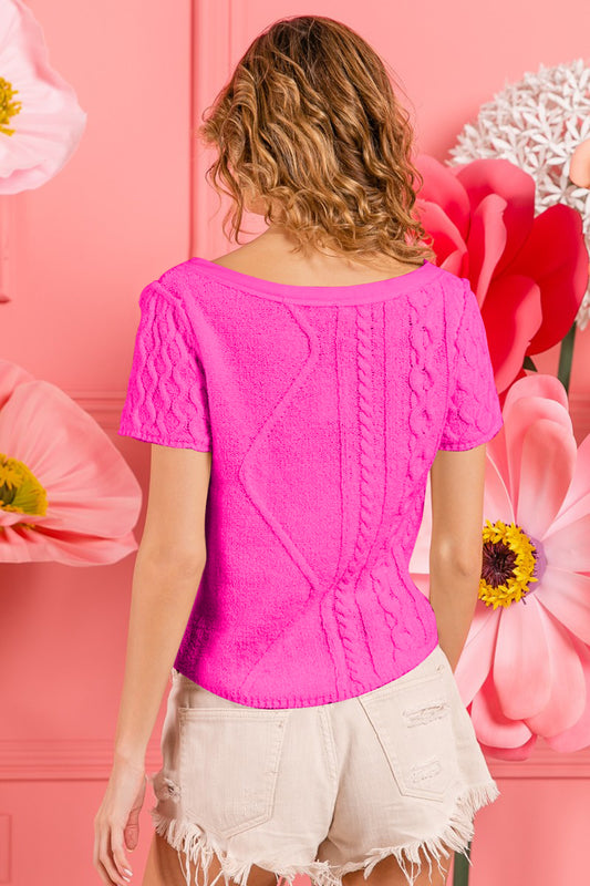 TEEK - Fuchsia Cable Knit Short Sleeve Sweater TOPS TEEK Trend