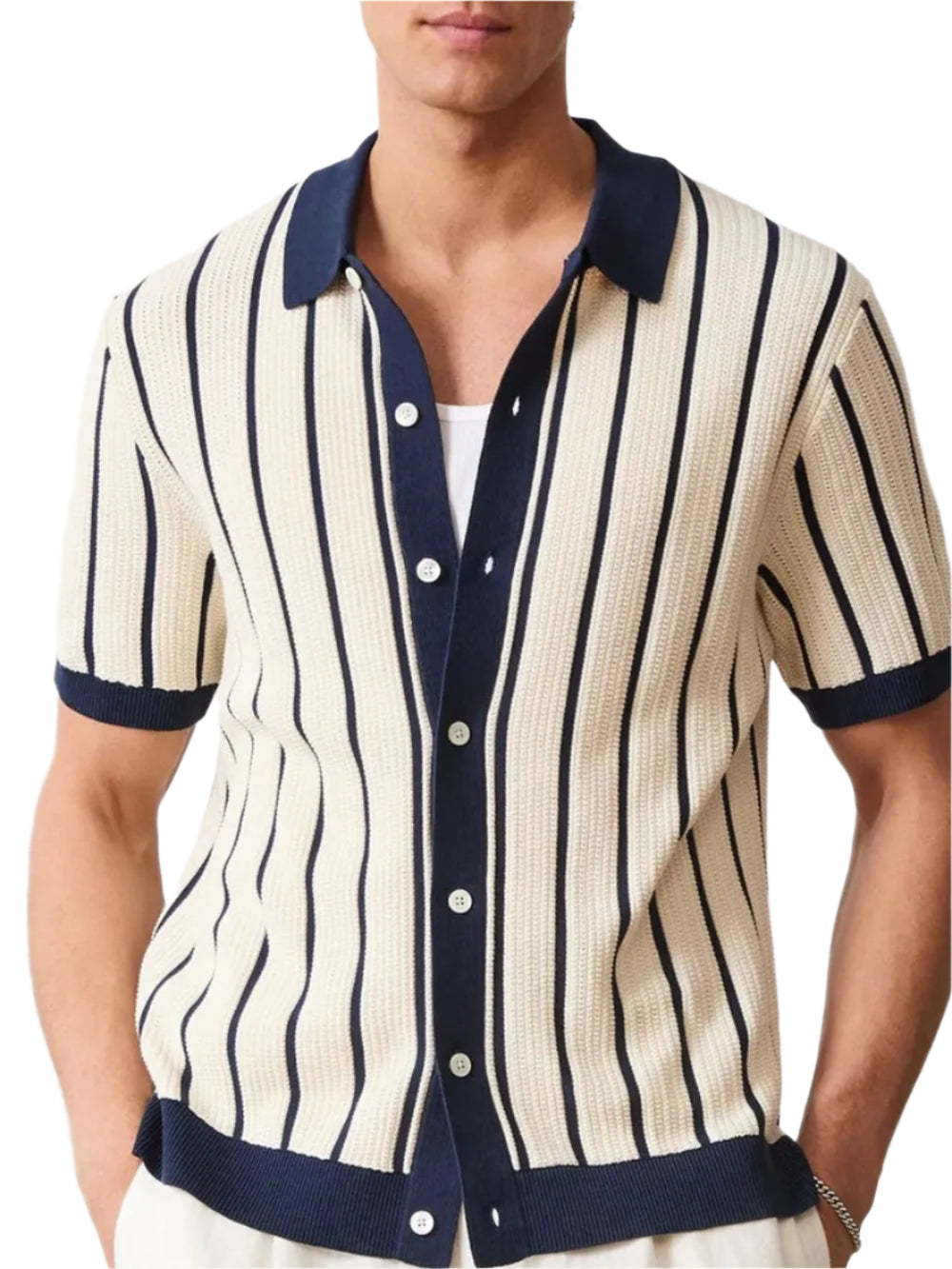 TEEK - Mens Navy Striped Button Down Short Sleeve Shirt TOPS TEEK Trend M