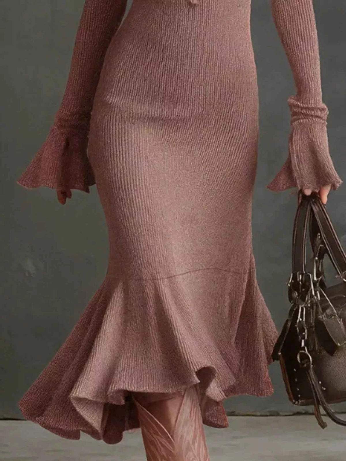 TEEK - Ribbed Knit Zip Front Flare Hem Midi Dress Trendsi