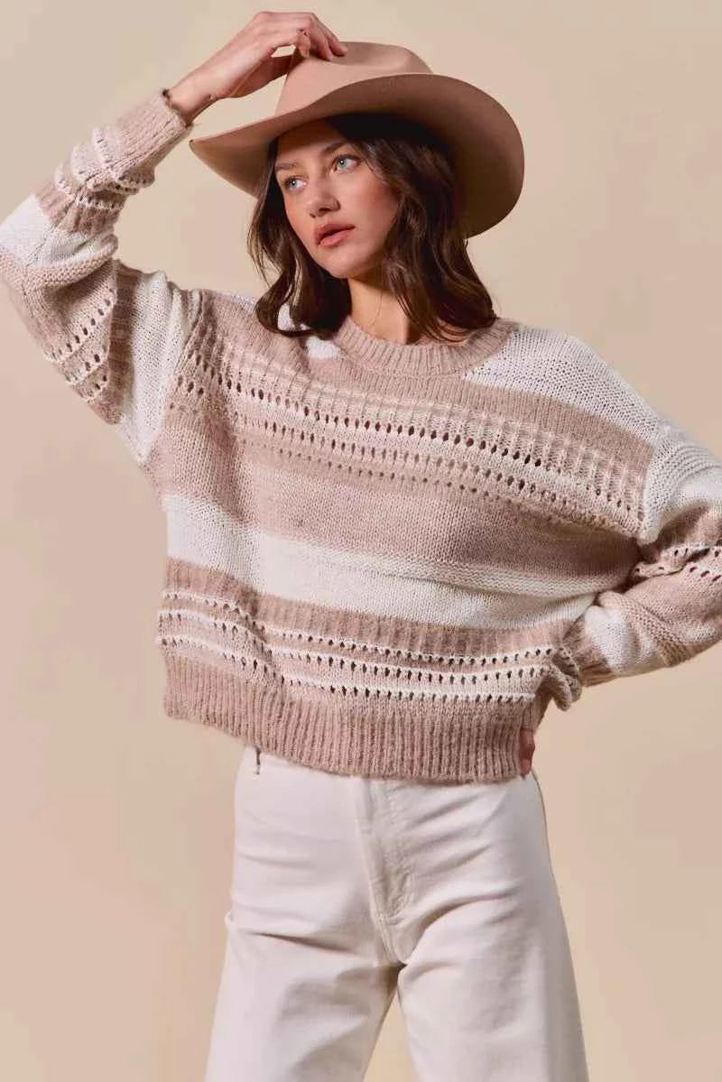 TEEK - Variegated Stripe Textured Loose Fit Sweater TOPS TEEK Trend