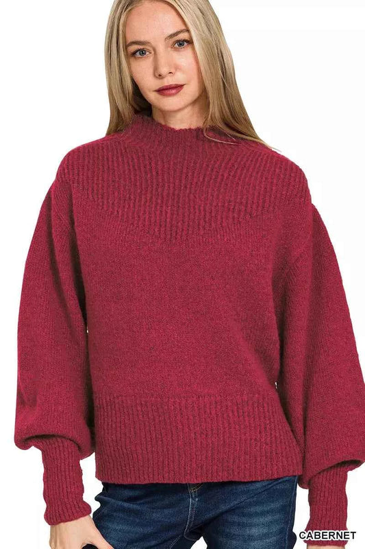 TEEK - Balloon Sleeve Mock Neck Sweater TOPS TEEK Trend CABERNET S