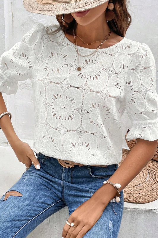 TEEK - White Floral Ruffle Flounce Sleeve Blouse TOPS TEEK Trend