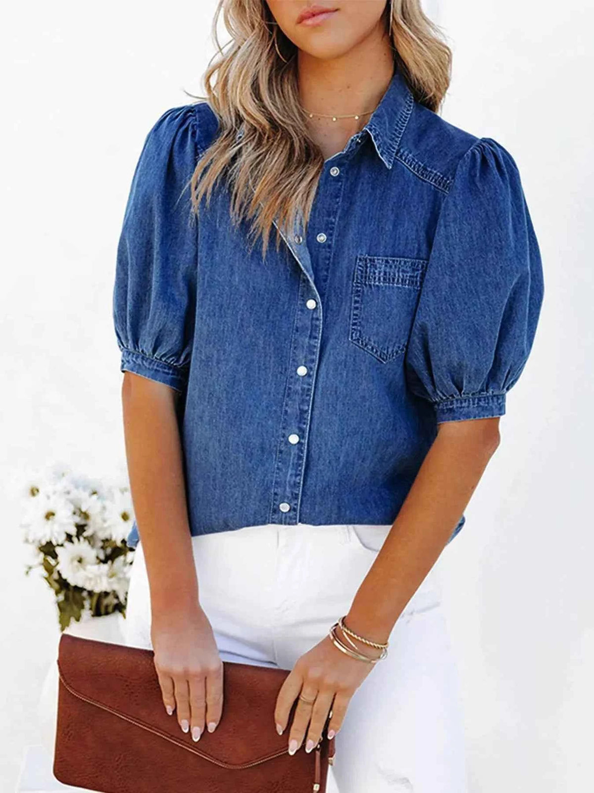 TEEK - Puff Sleeve Button-Down Denim Top TOPS TEEK Trend Navy S