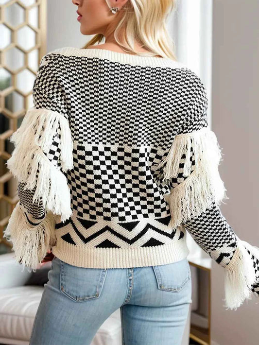 TEEK - Geometric Fringe Detail V-Neck Sweater TOPS TEEK Trend