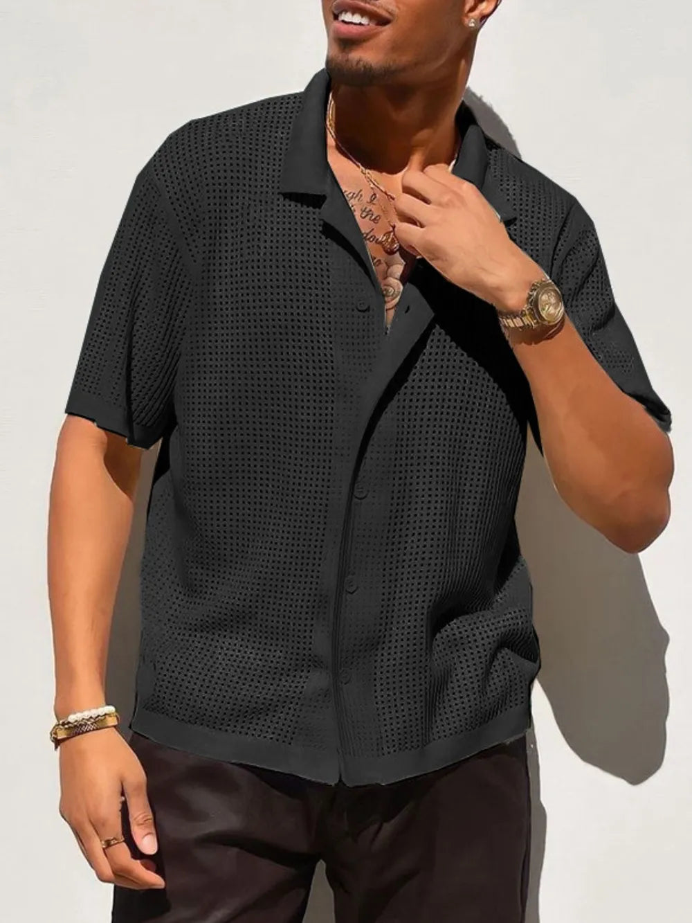 TEEK - Mens Openwork Button Down Collared Neck Shirt TOPS TEEK Trend Black S