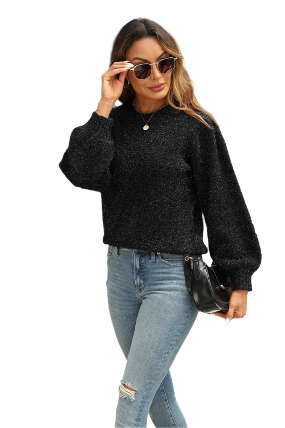 TEEK - Tied Heathered Round Neck Long Sleeve Sweater TEEK Trend