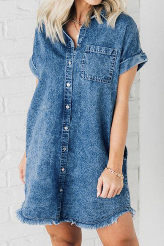 TEEK - Raw Hem Pocketed Cap Sleeve Medium Wash Denim Dress DRESS TEEK Trend