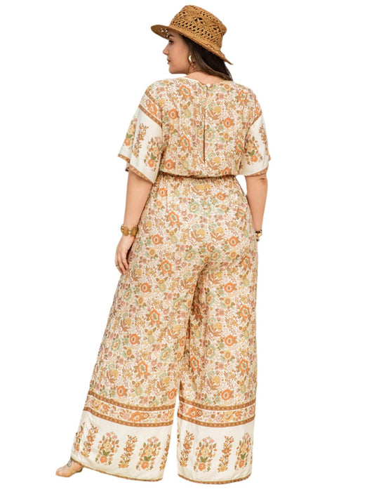TEEK - Plus Size V-Neck Flutter Sleeve Wide Leg Apricot Jumpsuit JUMPSUIT TEEK Trend
