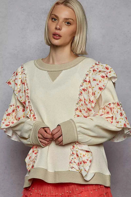TEEK - Round Neck Sweater with Floral Ruffle Detail TOPS TEEK Trend