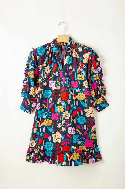 TEEK - Multicolor Notched Lantern Sleeve Mini Dress DRESS TEEK Trend