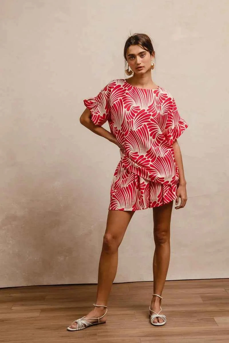 TEEK - Print Woven Ruffled Sleeves Top TOPS TEEK Trend