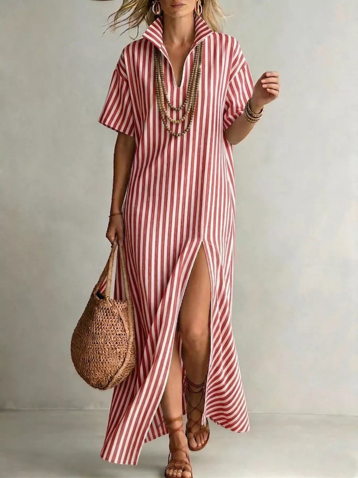 Striped High Slit Maxi Shirt Dress Trendsi Red S