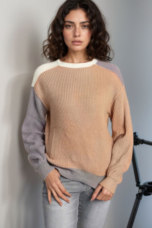 TEEK - Tan Color Block Round Neck Sweater TOPS TEEK Trend
