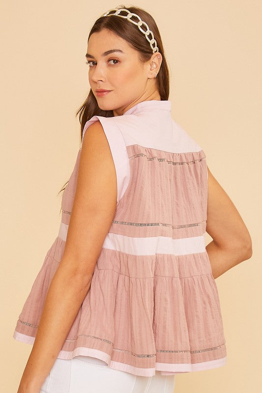TEEK - Dusty Pink Contrast Trim Peplum Button Blouse TOPS TEEK Trend