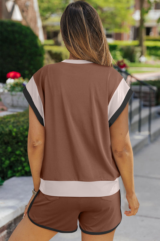 TEEK - Contrast Round Neck Top Shorts Set SET TEEK Trend