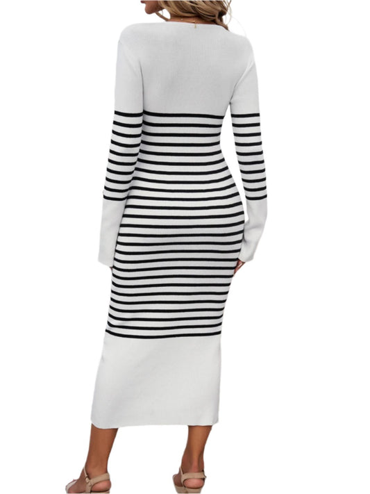 TEEK - Devine Striped V-Neck Long Sleeve Sweater Dress TEEK Trend