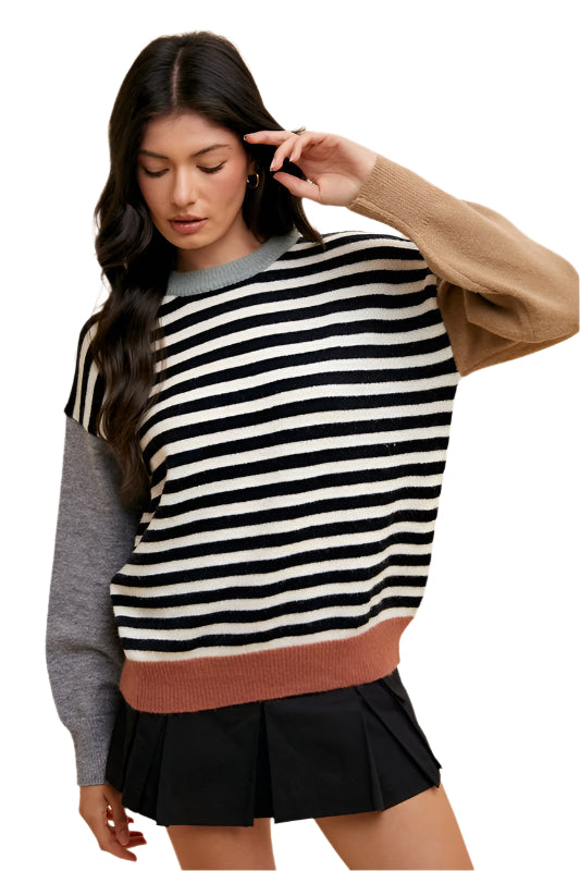 TEEK - Ivory Black Striped Color Block Sweater TOPS TEEK Trend S