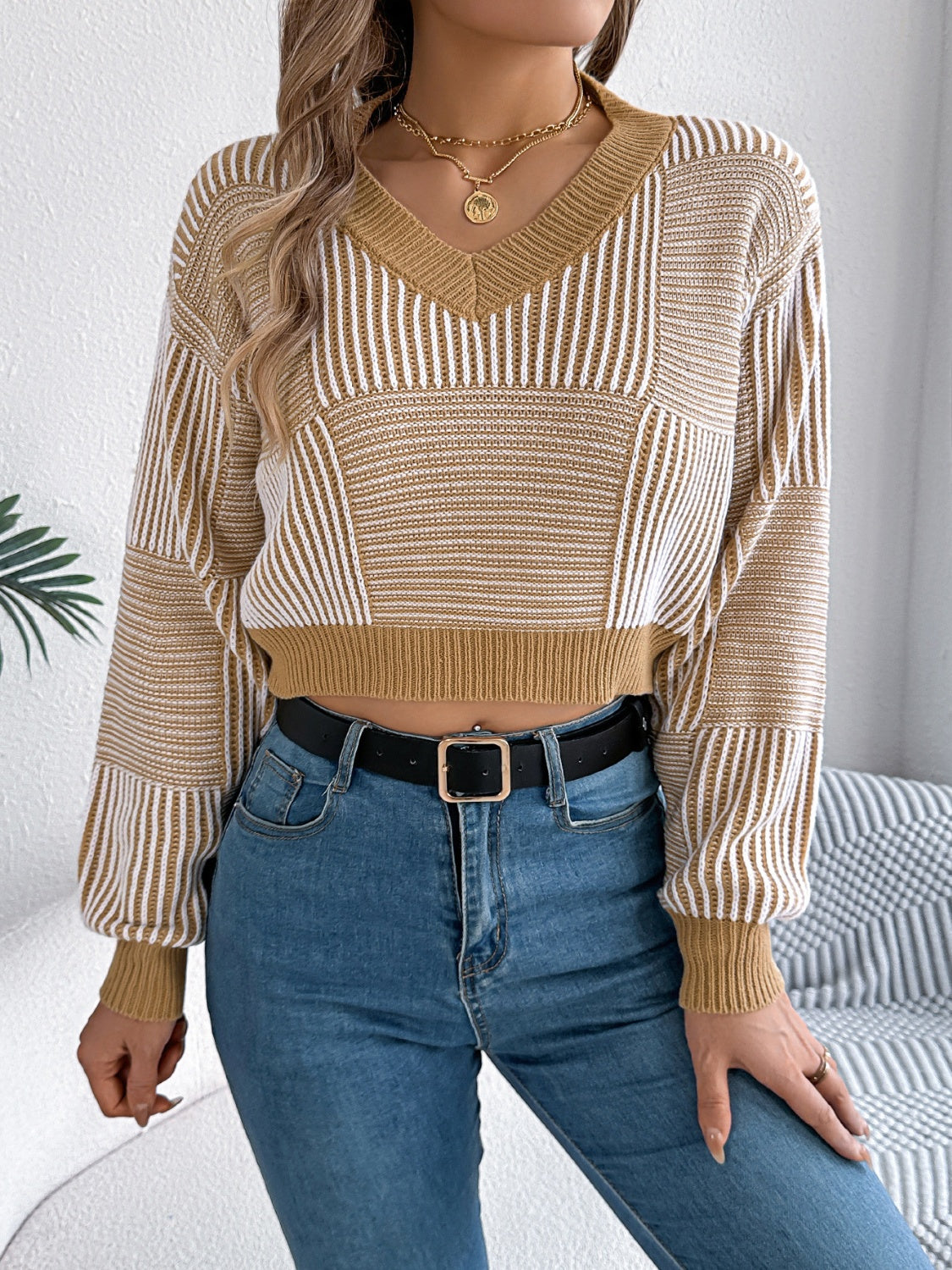 TEEK - Striped V-Neck Long Sleeve Sweater TOPS TEEK Trend