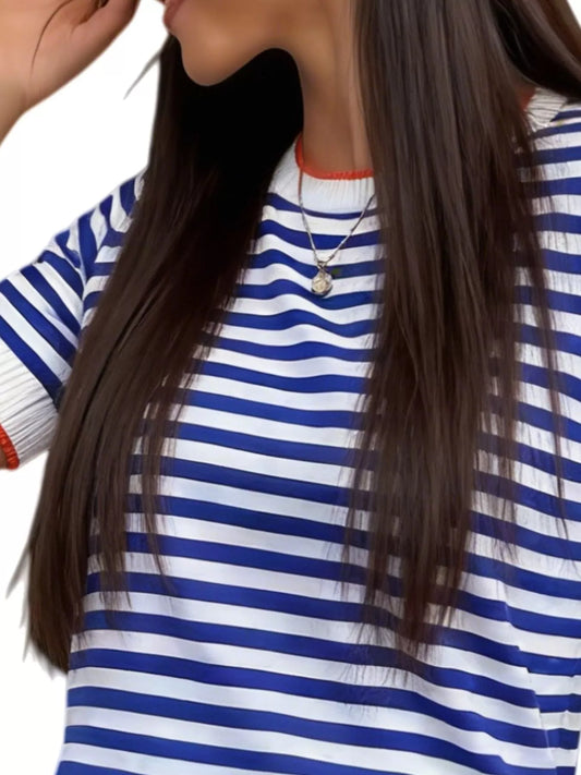 TEEK - Contrast Trim Striped Short Sleeve Knit Top TOPS TEEK Trend