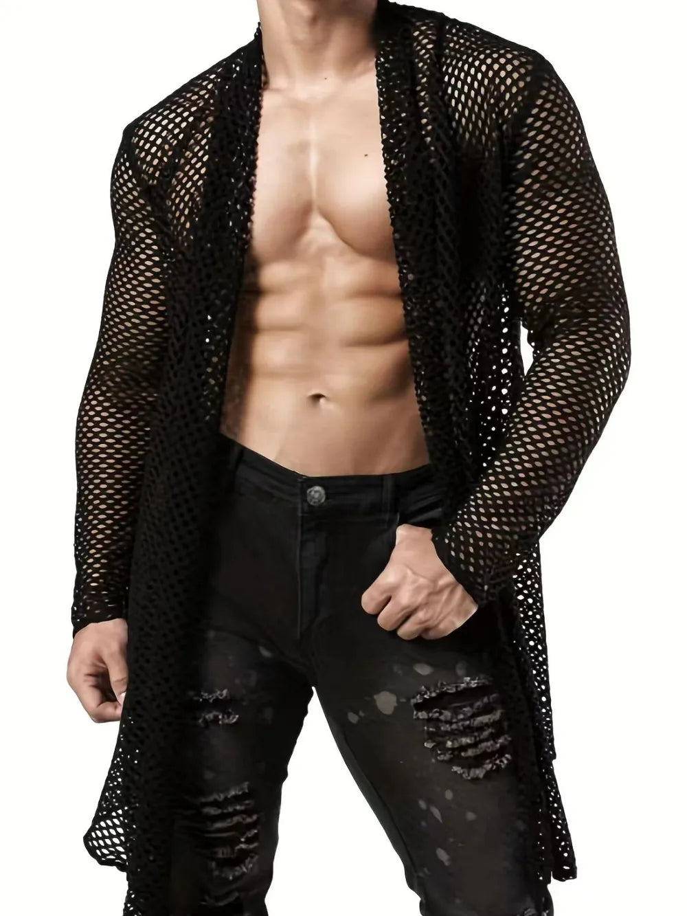 TEEK - Mens Black Openwork Open Front Long Sleeve Cover-Up SWIMWEAR TEEK Trend