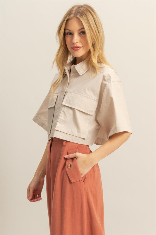 TEEK - Sand Front Pockets Poplin Collared Neck Crop Shirt TOPS TEEK Trend