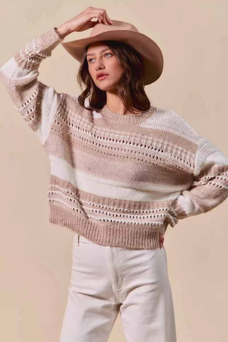 TEEK - Variegated Stripe Textured Loose Fit Sweater TOPS TEEK Trend