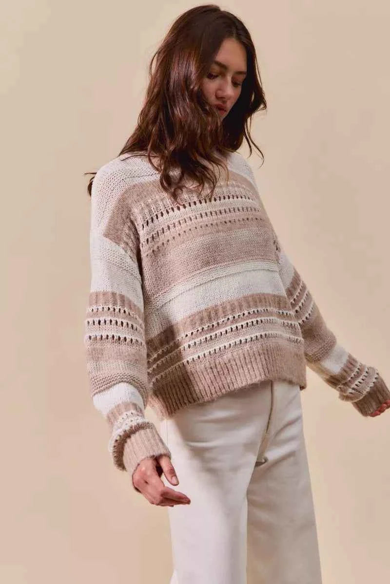 TEEK - Variegated Stripe Textured Loose Fit Sweater TOPS TEEK Trend