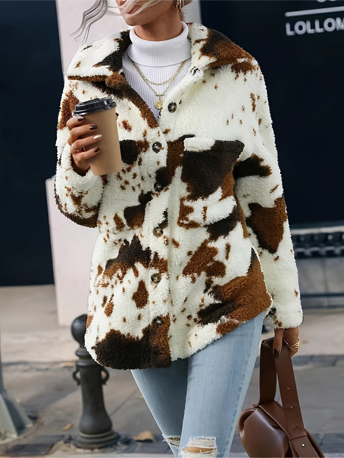 TEEK - Cow Print Collared Neck Button Up Fuzzy Jacket JACKET TEEK Trend