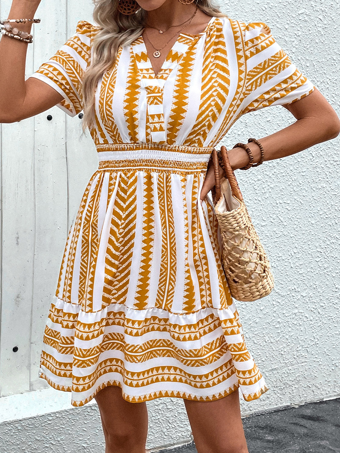 TEEK - Mustard Geometric Notched Short Sleeve Dress DRESS TEEK Trend