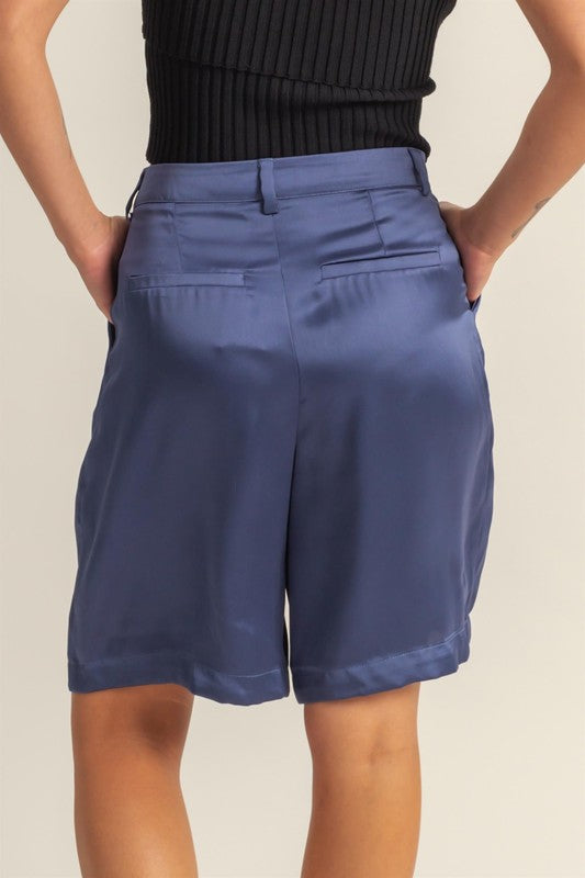 TEEK - Dusty Blue High-Waist Pleated Satin Shorts SHORTS TEEK Trend