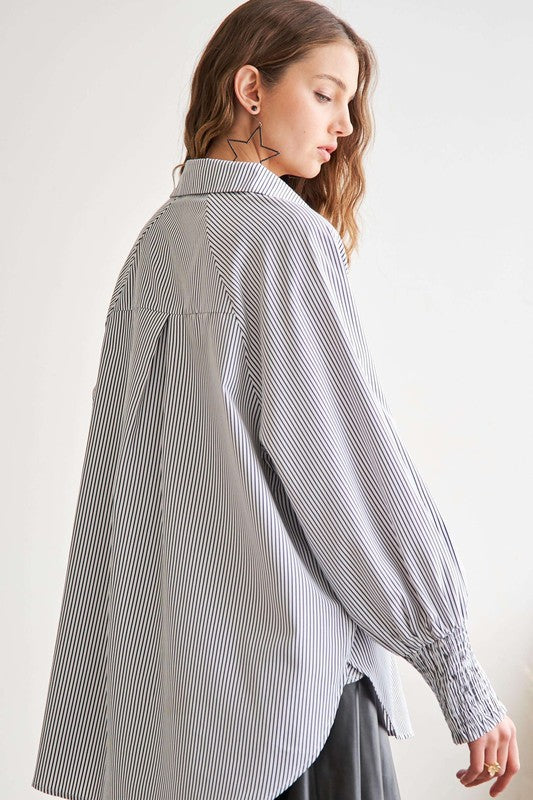 TEEK - Grey High-Low Striped Button Down Smocked Lantern Sleeve Shirt TOPS TEEK Trend