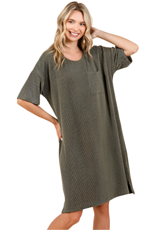 TEEK - Army Green Urban Rib Knit Short Sleeve Tee Dress DRESS TEEK Trend S