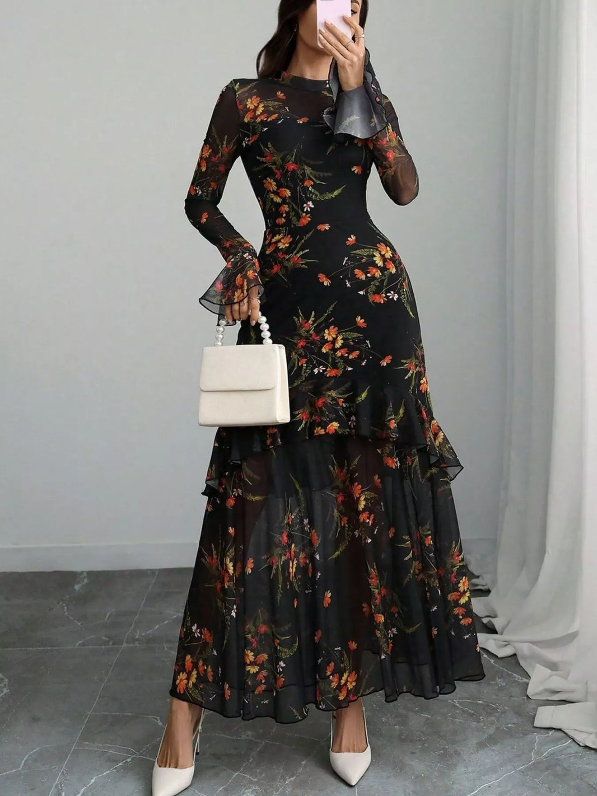 TEEK - Floral Print Flounce Sleeve Mermaid Maxi Dress DRESS TEEK Trend