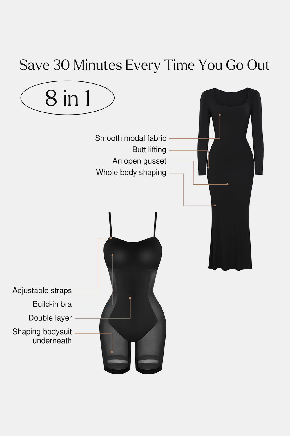 TEEK - Basic Bae Built-In Shapewear Square Neck Long Sleeve Dress DRESS TEEK Trend