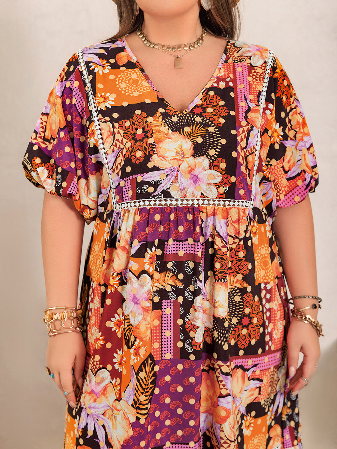 TEEK - Multicolor Plus Size Printed V-Neck Half Sleeve Maxi Dress DRESS TEEK Trend